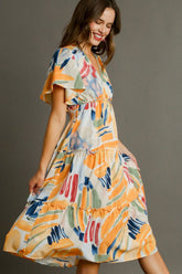 Umgee Full Size Abstract Print Flutter Sleeve Frill Tiered Midi Dress Plus Size OutfitFlow